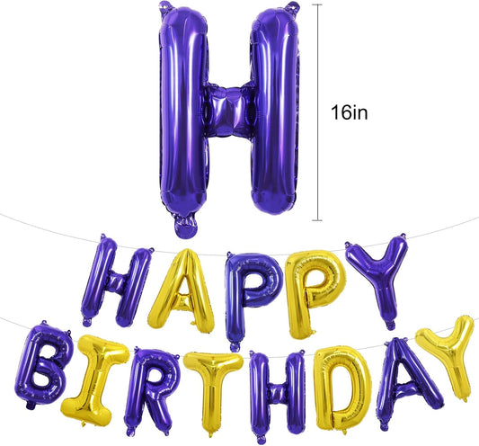 TONIFUL Happy Birthday Balloons with Ribbon Straw, 16 Inch Mylar Letters Birthday Sign Banner Bunting Reusable for Girls Boys Kids & Adults Party Decorations Supplies(Purple Gold)