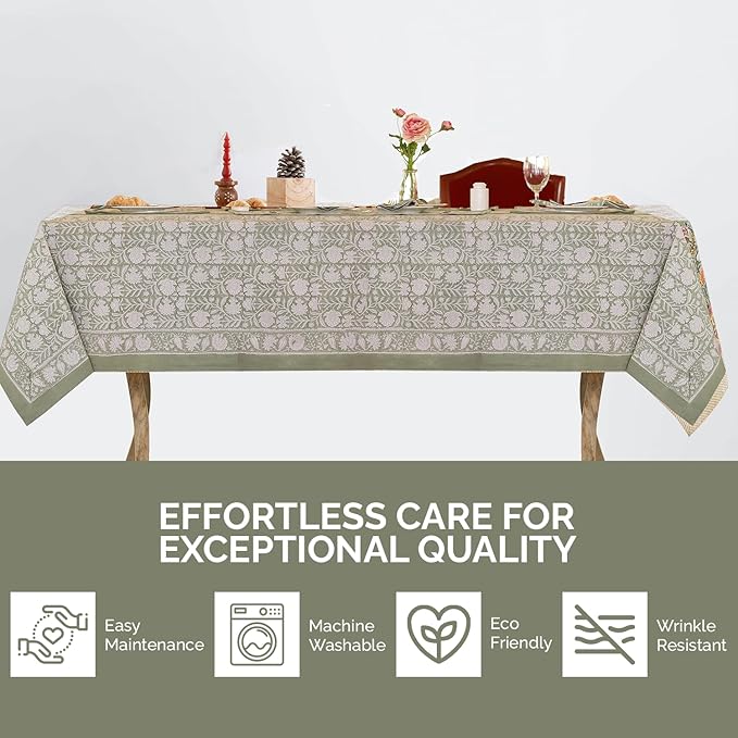 Labhanshi Indian Block Print Pre-Washed Cotton Floral 72x108 Inch Rectangle 8-Seater Table Cloth|Kitchen Dining Table Top Cover|Boho Rustic St. Patrick Spring Easter Table Cloth|Sage Green