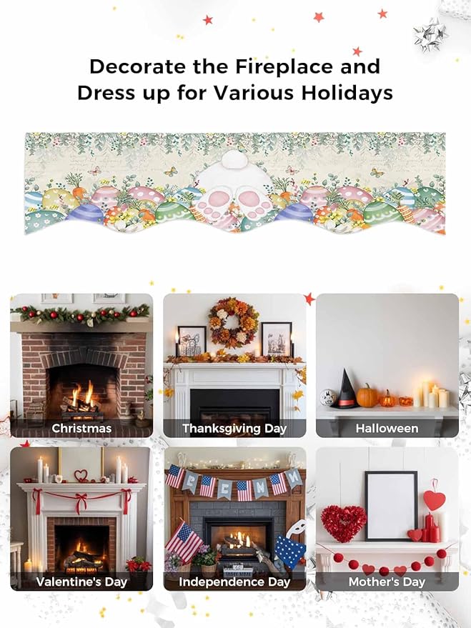 Cute Easter Bunny Fireplace Mantel Scarf Table Runner, Eucalyptus Leaves Colorful Eggs Beige Winter Garland Mantel Top Tablerunners Dresser Scarves Cover for Windows Party Living Room 90''x17''