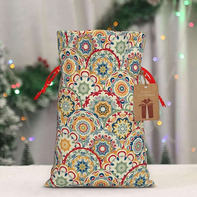 Jhggffd Boho Abstract Floral Christmas Gift Bags Christmas Treat Bags Cloth Christmas Gift Bag Drawstring Christmas Bags for Gifts Favor Bags Reusable Xmas Gift Bags for Holiday Party
