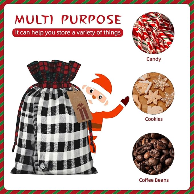 PULaif Black And White Plaid Christmas Drawstring Gift Bags, Large Size Christmas Bags For Gifts Party Favors, Xmas Gift Bags