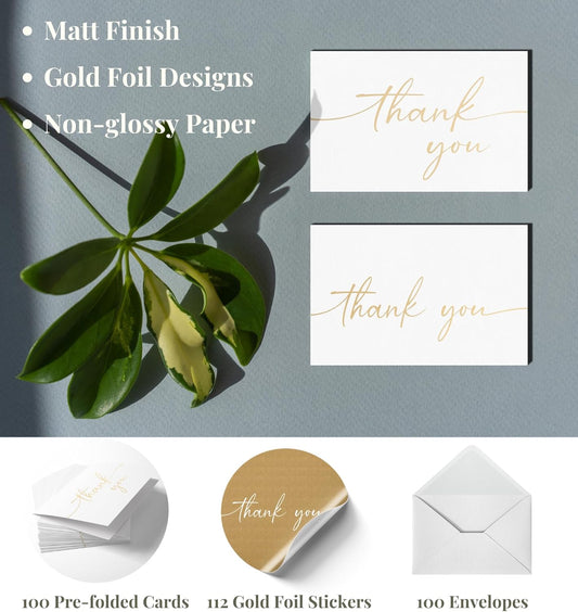 Thank You Cards with Envelopes & Stickers, Matte Gold Foil Cards Bulk Pack of 100, 4x6 Inch Minimalistic Design, Suitable for Business, Wedding, Small Business, Graduation, Bridal Shower, Funeral