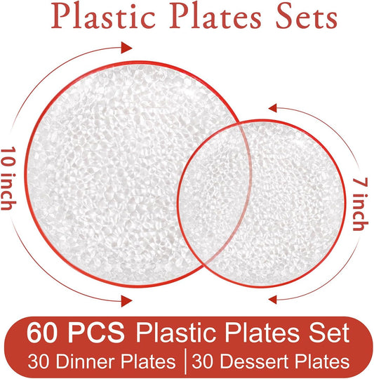 Rubtlamp 60Pcs Red Plastic Plates, Clear Plastic Plates, Heavy Duty Disposable Plates for Party, Fancy Hammered Plates Include 30 Red Dinner Plates 30 Clear Cake Plates For Wedding