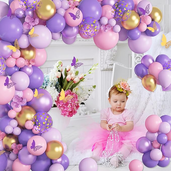Purple Pink Butterfly Balloon Garland Arch Kit, Butterfly Baby Shower Decorations for Girl Women, Pink and Purple Gold Confetti Balloons for Birthday Bridal Shower Mothers Day Party Decorations