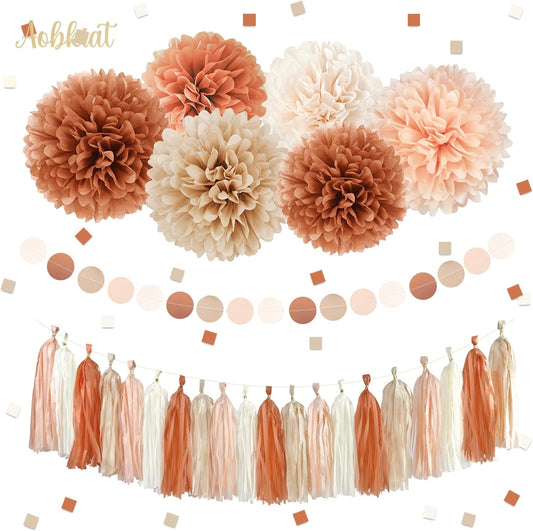 AOBKIAT Boho Wedding Decorations Set,28 PCS Dusty Brown Tissue Paper Pom Poms,Circle Dots Garland Paper Tassels Hanging Backdrop for Baby Shower,Birthday,Bridal Showers,Fall Party Supplies