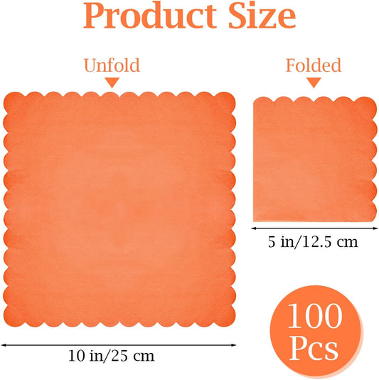 100 Pcs Cocktail Napkins, 2-Ply 5 x 5 Inches Disposable Scalloped Napkins, Thick Premium Dessert Napkins for Party, Wedding, Dinner, Birthday, Anniversary, Festival (Orange)