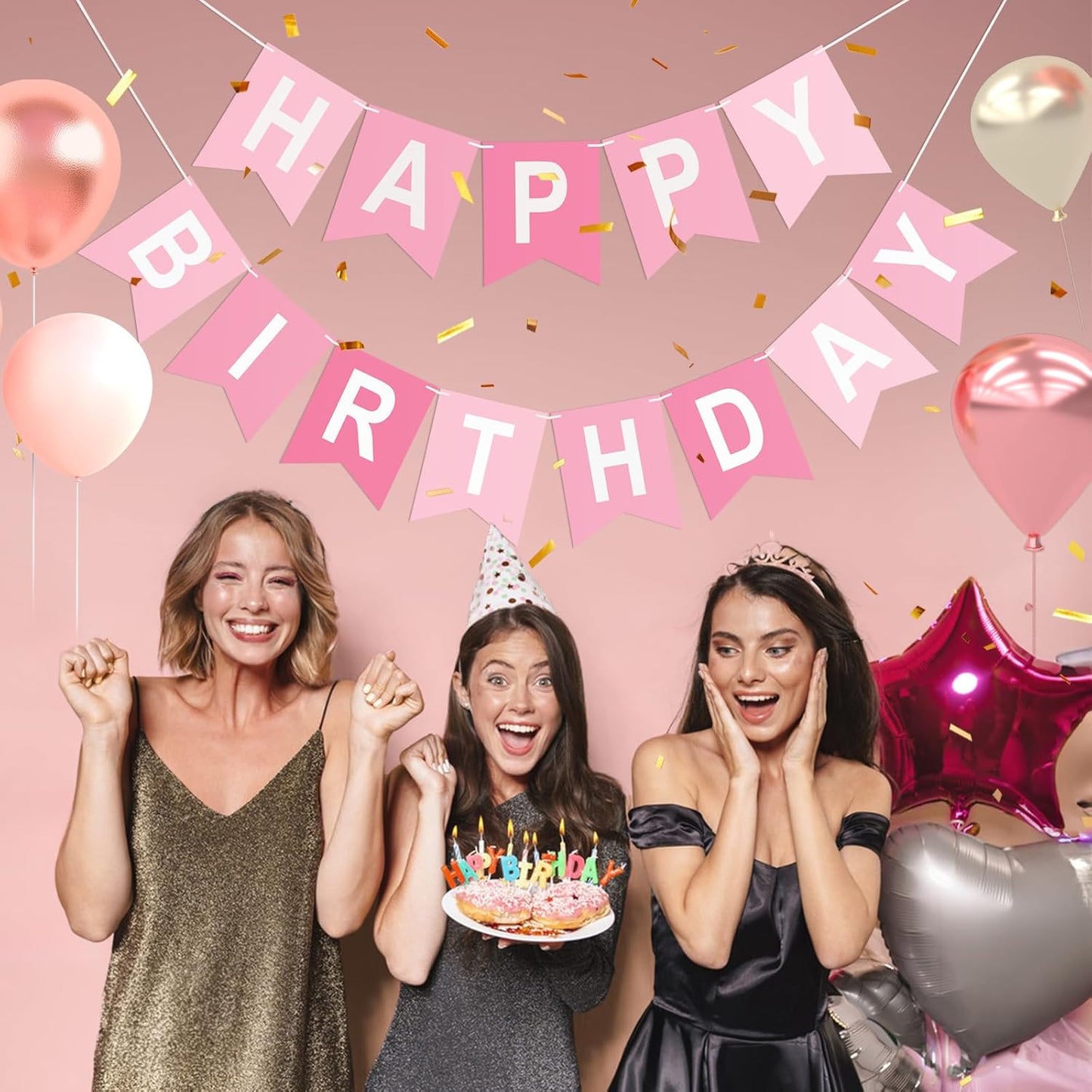Pink Happy Birthday Banner Birthday Party Banner NO DIY Happy Birthday Sign Pre-Strung Birthday Hanging Decoration for Women Men Girl Boy Party Supplies (Pink)