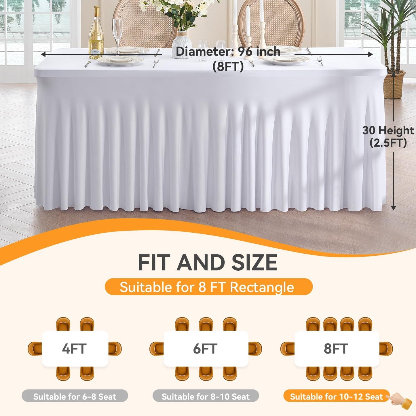 Outpain 8ft Spandex Table Cloth for Standard Folding Tables-8Pack White Table Cloth Table Protector for Party, Wedding, Cocktail, Banquet, Festival