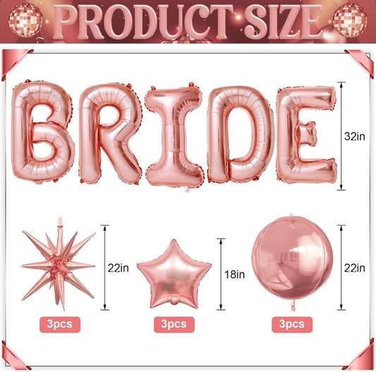 Rose Gold Bride Balloons Bachelorette Party Decorations, 32in Rose Gold Giant Bride Balloons with 4D Disco Ball Balloon and Star Foil Balloon for Bridal Shower Wedding Engagement Party Supplies