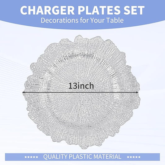 50 Pcs Silver Charger Plates Bulk 13 Inch Plastic Charger Plates for Dinner Plate, Silver Chargers for Table Setting, Reef Design Plate Floral Decorative Round Chargers for Wedding Party, Event