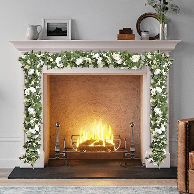 MAKHOT 2Pack White 6.6 Ft Eucalyptus Garland with Lovely Faux Rose Flowers, Artificial Eucalyptus and Rose Garlands Decor, Floral Greenery Garland for Wedding Home Table Decor (White)
