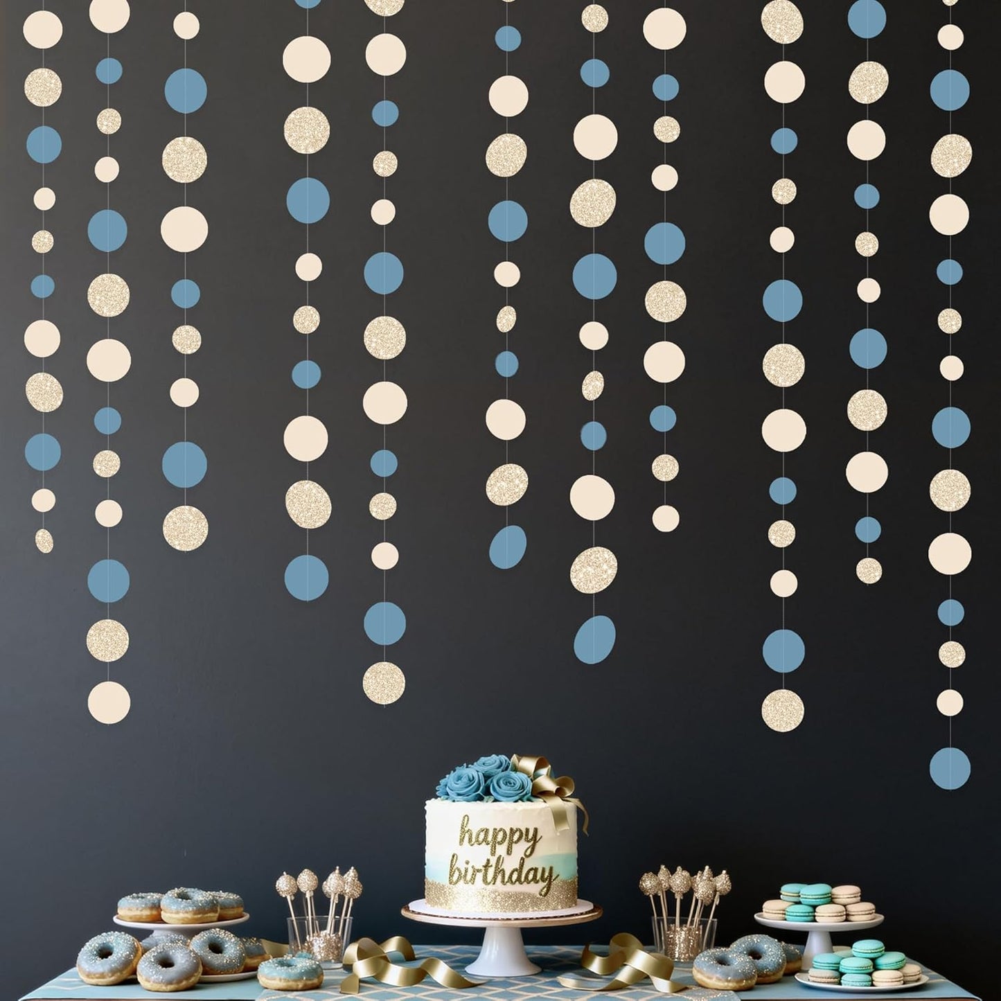 Champagne Gold Dusty Blue Beige Circle Dot Garland Hanging Paper Polka Dot Streamer for Men Boy Birthday Baby Shower Wedding Bridal Shower Retirement Engagement Bachelorette Party Decorations Supplies