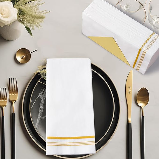 50 Disposable Paper Hand Towels for Bathroom, Linen Feel Guest Towels, Soft and Absorbent Paper Towels Napkins Bulk for Home Dinner Kitchen Wedding, 12" x 17"(Gold Trim Lined)