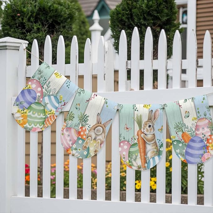 Easter Banner 4Pcs Indoor Outdoor Hanging Banner Flag Spring Rabbit Eucalyptus Leaves Eggs Wooden Sign for Fireplace Mantel Decorative Bunting Garland Valance for Shop Door Mantle Decor 7.9"x11.8"