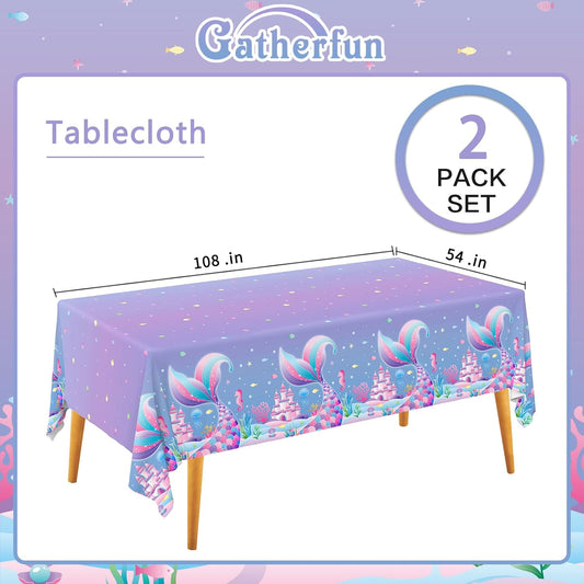 Gatherfun Mermaid Party Supplies Set: Mermaid Birthday Decorations, Includes 2-Pack Mermaid-Themed Tablecloths for Kids & Girls 1st Birthday, Mermaid Party Decorations Table Covers 54 x 108 Inch