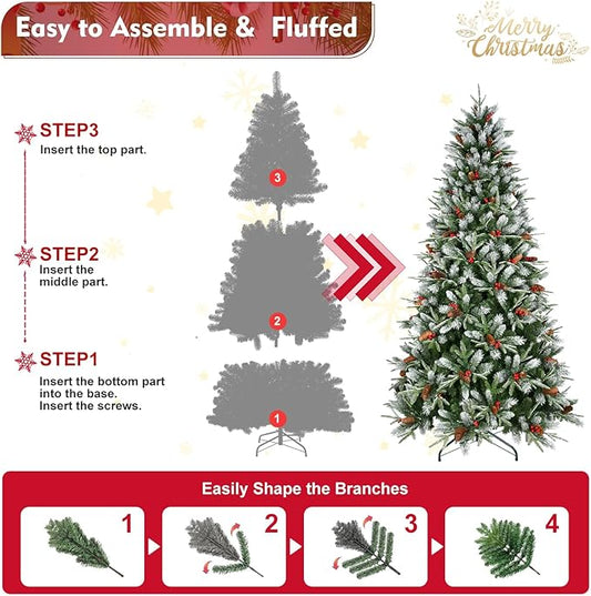 7FT Frosted Artificial Christmas Tree with 2178 PE+PVC Branch Tips, Realistic Unlit Christmas Tree with Red Berry and Pine Cone, Memory Wire Hinged Full Xmas Tree with Metal Base for Party, Holiday