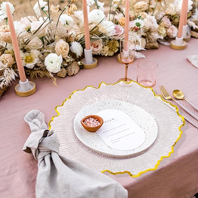 50 Pcs Clear Charger Plates Bulk 13 Inch Plastic Charger Plates for Dinner Plate, Clear with Gold Rim Chargers for Table Setting, Reef Design Plate Floral Decor Round Chargers for Wedding Party Event