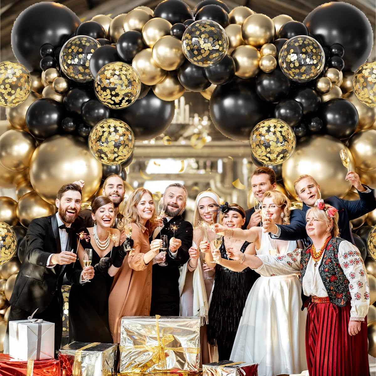155Pcs Black and Gold Balloon Garland Arch Kit with Gold Confetti Balloons for Graduation New Year Birthday Wedding Party Decorations