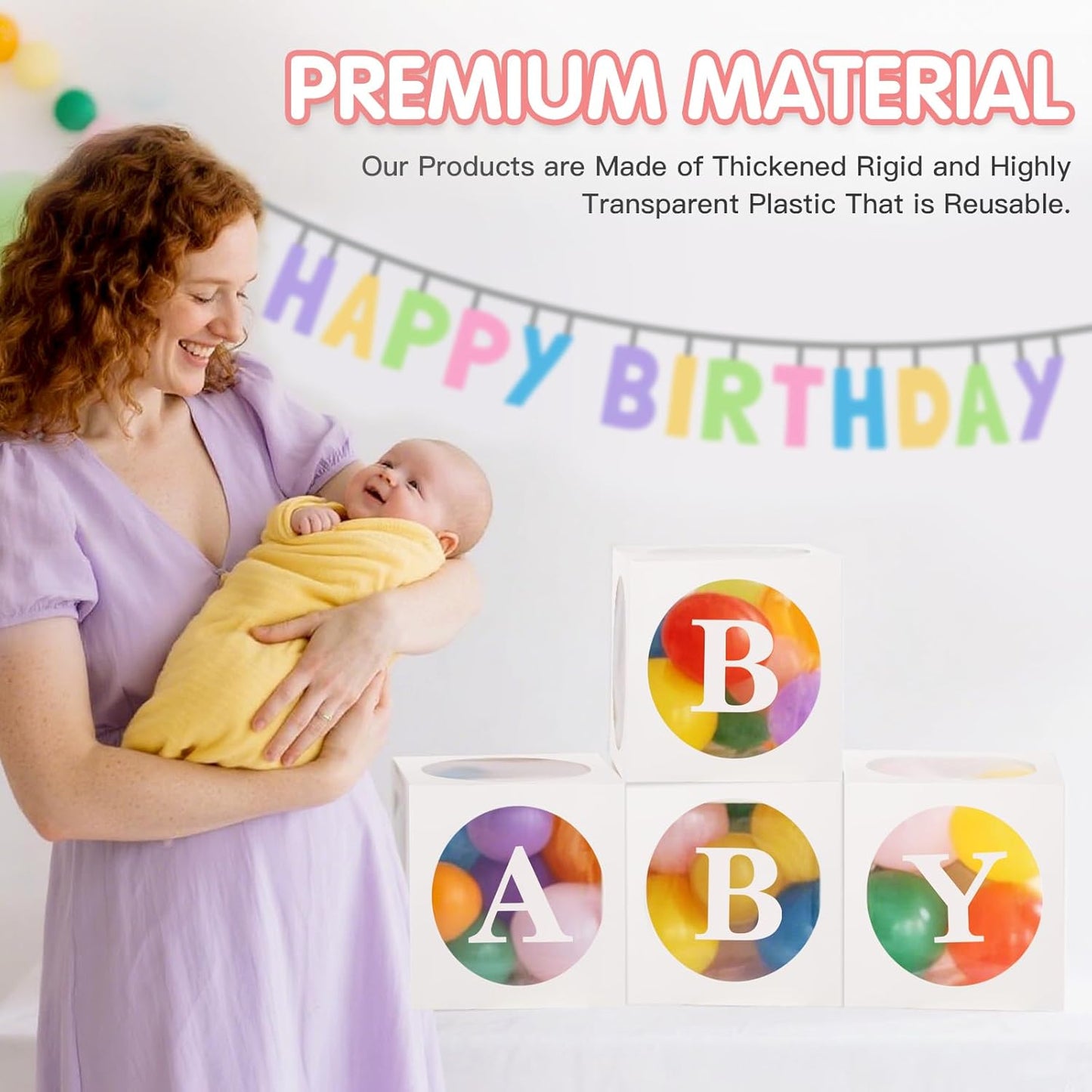 Baby Boxes with Letters for Baby Shower,Transparent Balloon Box 4 PCS Clear Baby Shower Decorations Block Boxes for Gender Reveal,Birthday Party Decorations
