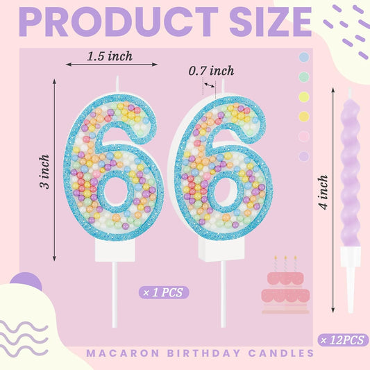 MTLEE Birthday Candle Macaron Glitter 3D Number Candle with 12 Pcs Rainbow Spiral Candles in Holders for Girl Boy Cake Topper Wedding Anniversary Pastel Sweet Theme Party Decoration(Blue,Number 6)