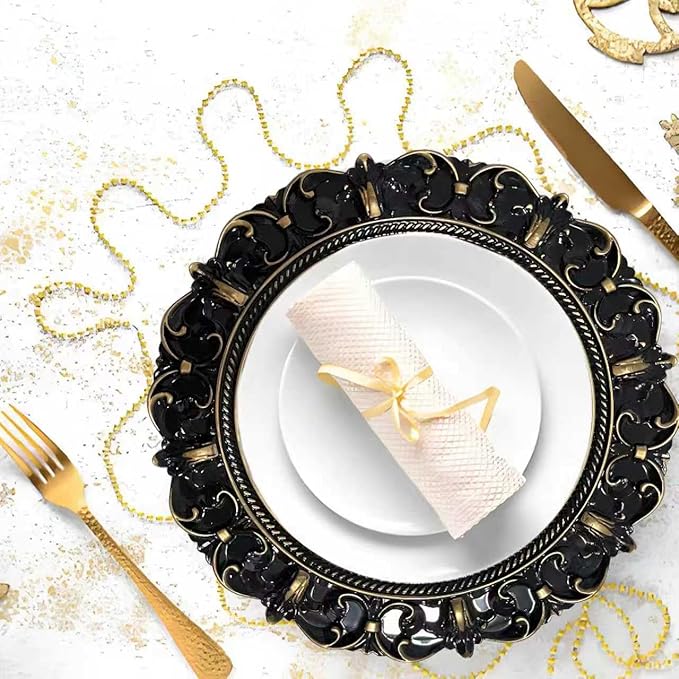6 Pack Black Charger Plates 13" Round Charger Plates for Dinning Plates with Embossed Rim Plastic Charger for Dinner, Wedding, Elegant Tableware Decor
