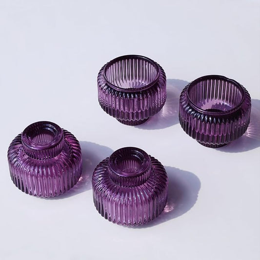 Woho Purple Candlestick Holders Set of 4 for Halloween Decorations, Ribbed Glass Taper Candle Holders for Thanksgiving/Christmas, Vintage Candle Sticks Holder Decor for Fall Wedding Table Centerpiece