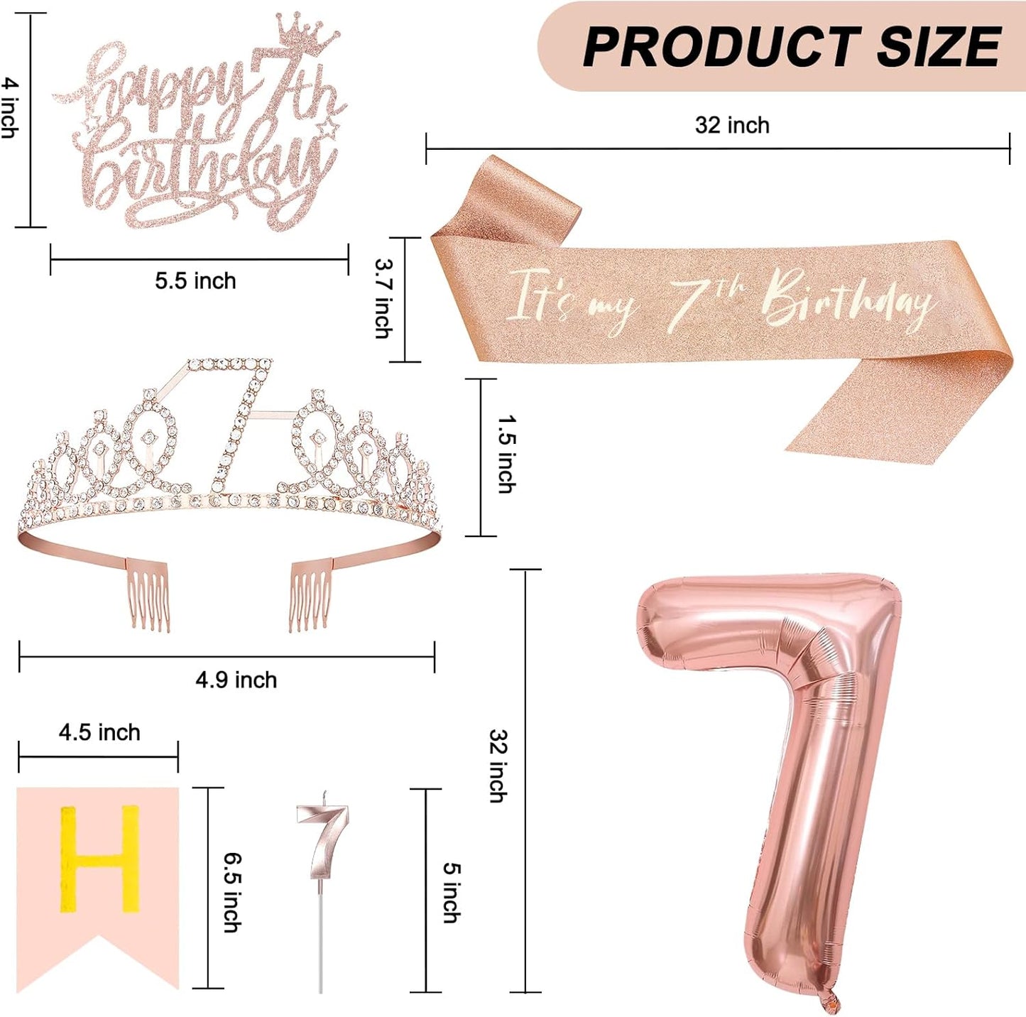 7th Birthday Decorations for Girls, Including 7th Tiara and Sash, Happy Birthday Banner, Cake Toppers, Number Candles and Balloons Set, Rose Gold