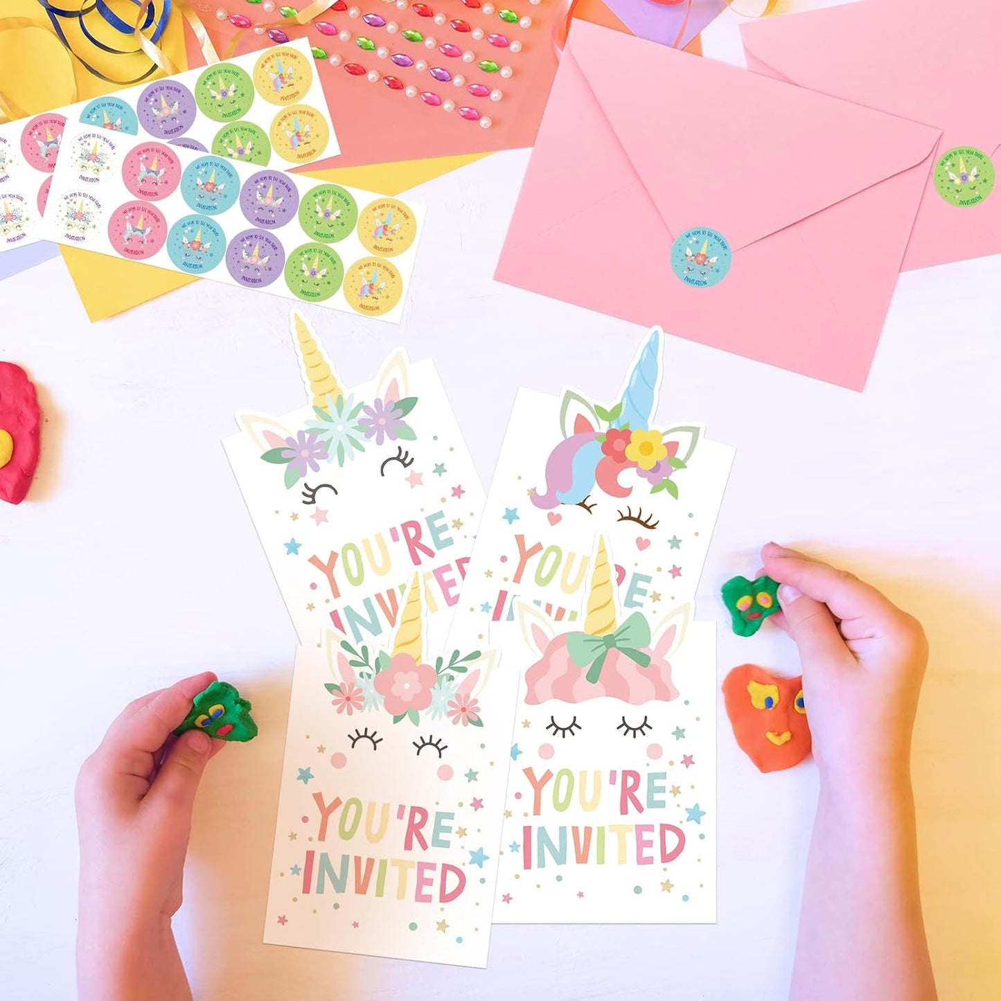 Hotop 24 Sets Unicorn Birthday Invitations with Envelopes and Stickers FOR GIRLS Party Invitations for Kids Birthday Baby Shower Party