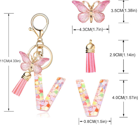Fashion Alphabet Initial Letter Keychain Tassel Butterfly Pendant Key Ring for Purse Handbags Women Girl