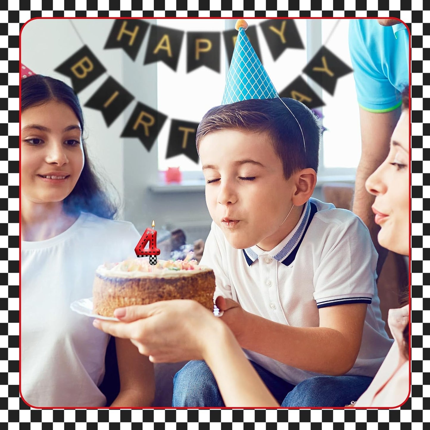 Racing Car Theme Birthday Candle with Checkered Flag Design - Durable Cake Topper for Race Car Party Decorations,Birthday Supplies - Number 4 Candle for Racing Themed Celebrations