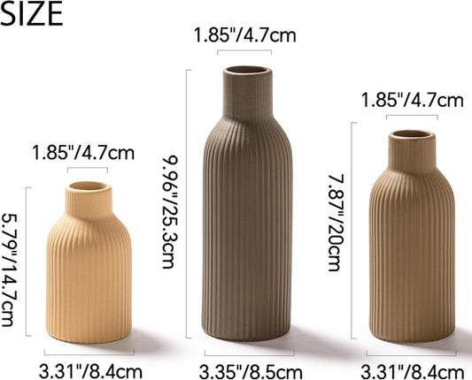 Ceramic Vase Set of 3, Modern Minimalist Ribbed Small Flower Vase Table Centerpiece Decorative for Home Decor Farmhouse Christmas Colorful