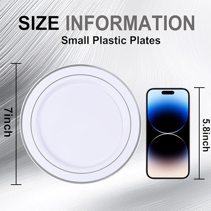 100Pcs White Plastic Dessert Plates, Disposable Salad Plate with Silver Rim, Premium Hard Fancy Small Plates, Heavy Duty Plastic Cakes Plates for Party, Wedding and Birthday