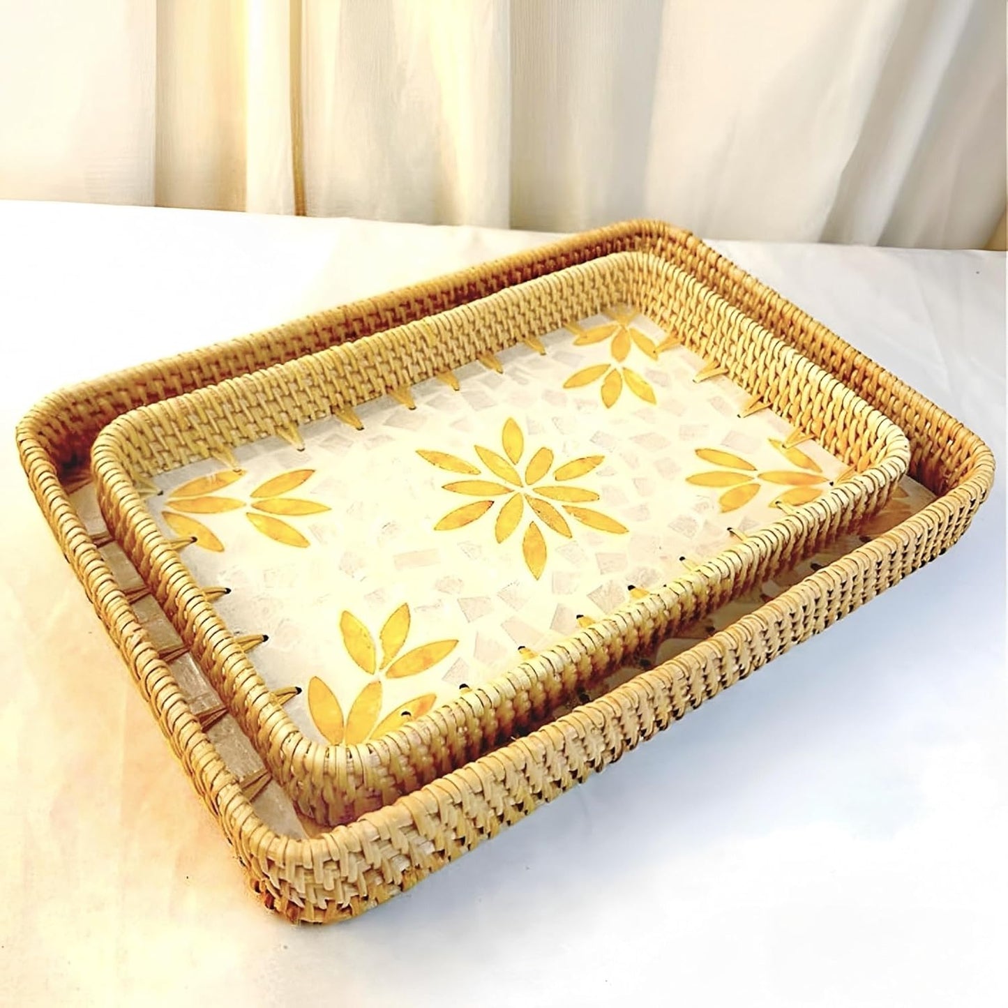 i-lan Set of 2 Rectangle Serving Trays with Mother of Pearl, 13" & 11.5" Woven Rattan Platters for Dining Entertainment, Centerpiece Displays, and Home Decor Accents