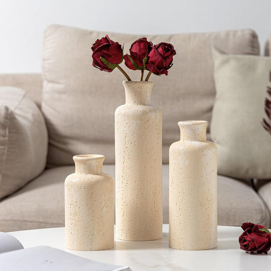 Flower Vase Set, Stone Look, 3 PCS Small Decorative Bud Vases for Pampas Grass, Farmhouse Decor, Kitchen, Living Room, Bathroom, Bedroom, Office, Shelf Centerpiece Table Decoration (Yellow)