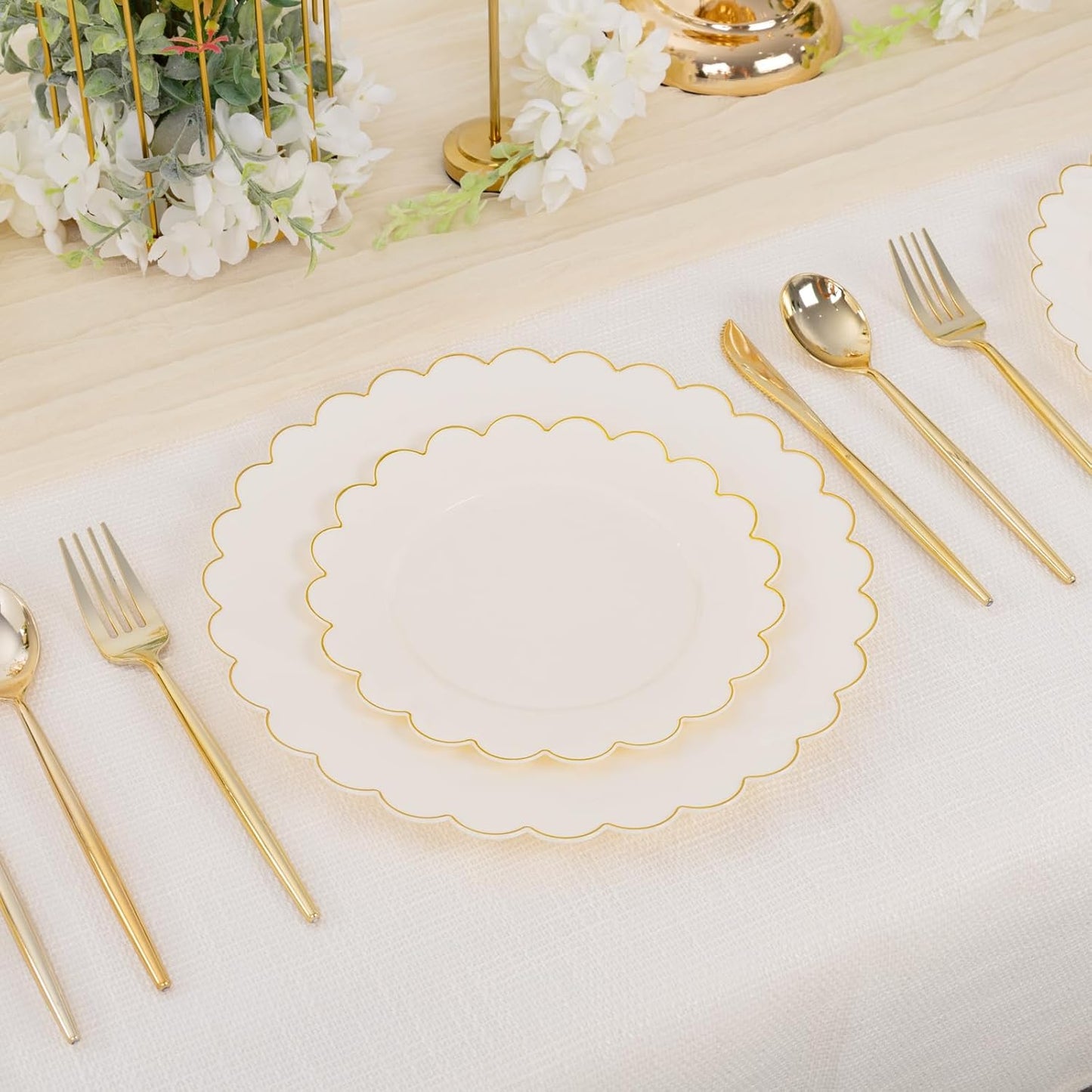 supernal 100pcs Ivory Plastic Plates,Gold Scalloped Disposable Plates,Heavy Duty Plastic Plate Including 50pcs Ivory Dinner & Dessert Plate,Fancy Disposable Platos Perfect for Party,Wedding,Birthday