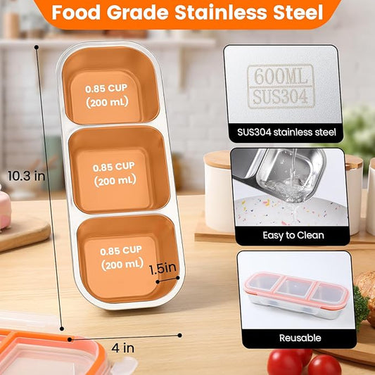 Stainless Steel Snack Containers with Lids, Reusable Condiment Box, 3 Compartment Sauce Cups for Home, Travel