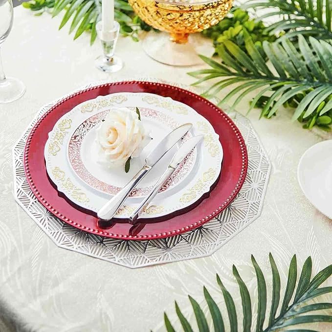 Efavormart 6 Pack - 13" Burgundy Round Acrylic Beaded Charger Plates Perfect for Wedding Catering Decorations Centerpieces, Events Party, Tabletop Decor & Dinner Servers