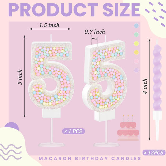 MTLEE Number 5 Birthday Candle with 12 Pcs Spiral Candles for Girls Macaron Pastel Rainbow Unicorn Pink Cake Topper for Sweet Theme Party Decoration
