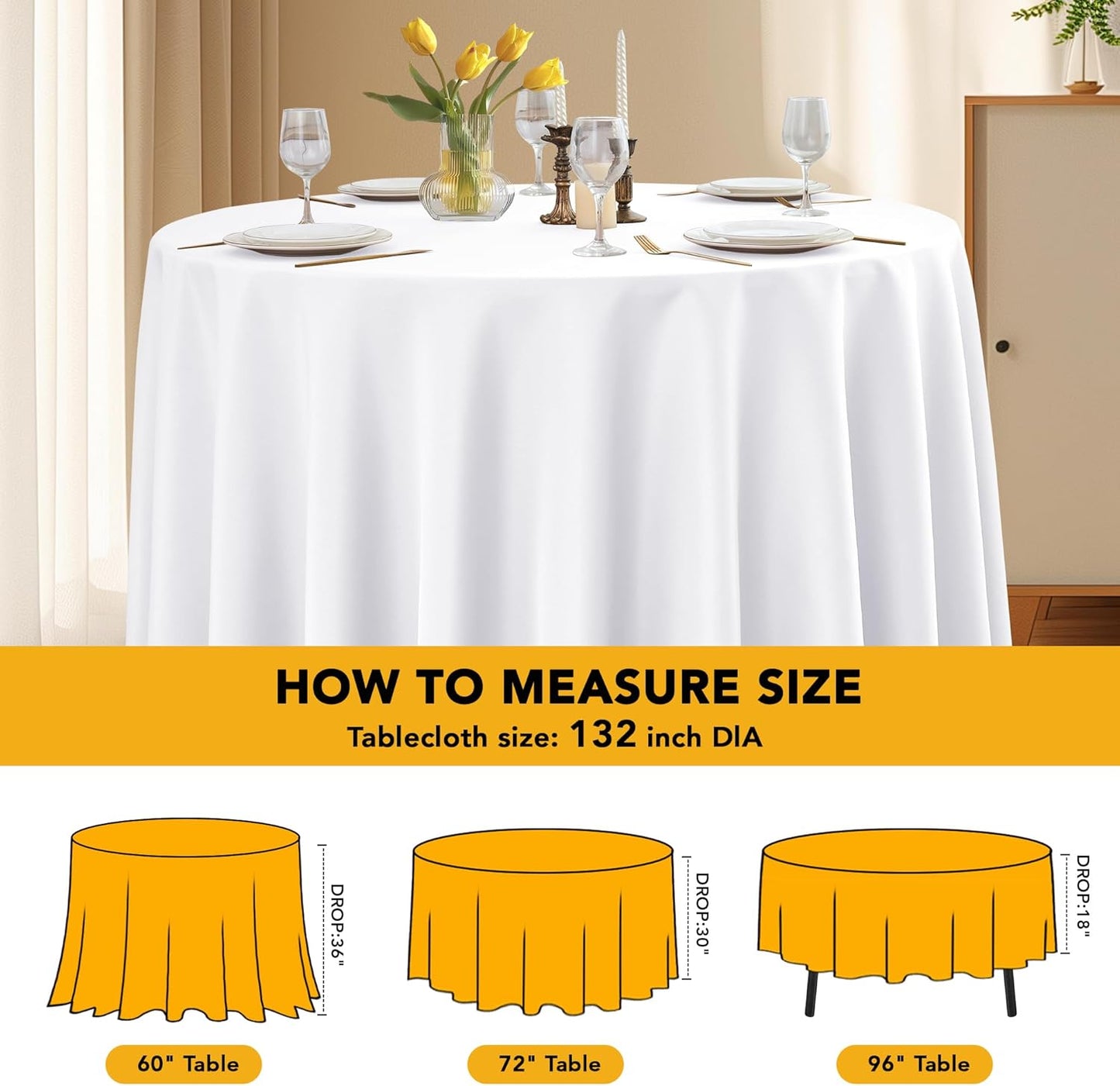 6-Pack White Round Tablecloths, 132 Inches, Stain-Resistant Polyester for 6-8 Ft Round Tables - Washable Table Covers for Weddings, Banquets, Birthday Parties, Events