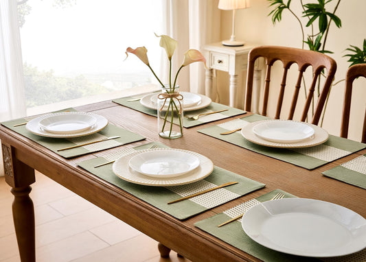 Wracra Linen Placemats, 12 x 18 Inch Set of 4 Placemats, Farmhouse Macrame Place Mats for Kitchen Table and Heat Resistant-Hemstitch Sage Green 4PCS