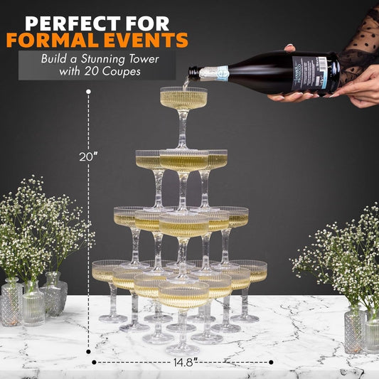 ACRYLIC Champagne Tower - 7oz. Set of 20 Champagne Flutes Plastic - For Weddings & Parties - Plastic Coupe Glasses - Clear