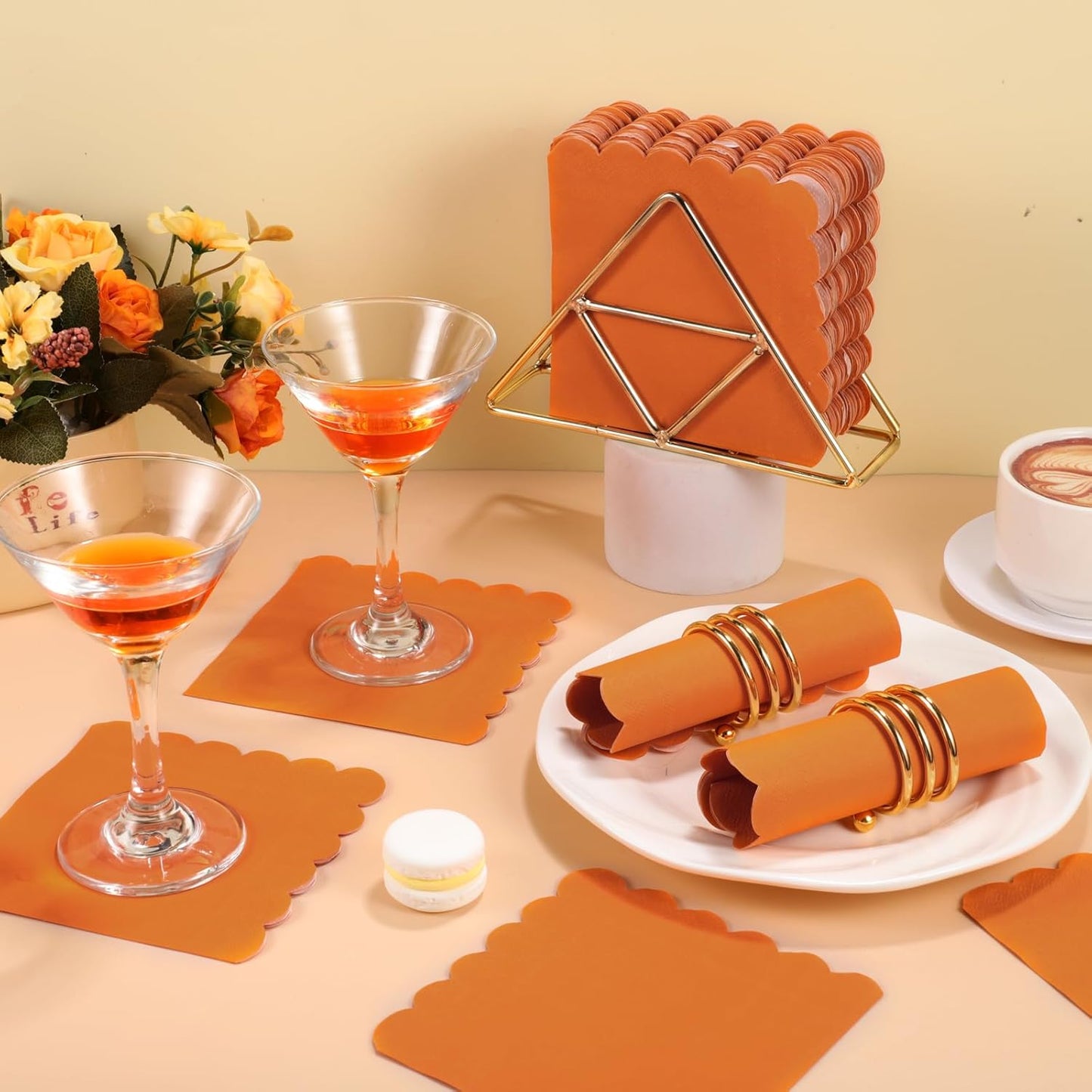 120 Pcs Orange Napkins,Scalloped Thanksgiving Fall Napkins Disposable Orange Dessert Beverage Napkin Burnt Cocktail Napkin for Fall, Thanksgiving,Birthday, 5 x 5 Inch