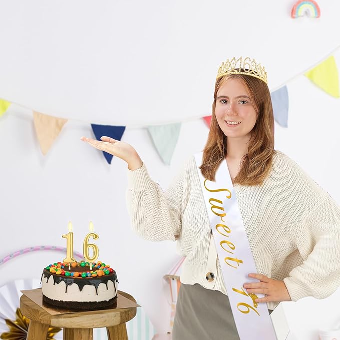Sweet 16 Party Decorations for Girls with Sweet 16 Sash White, Rhinestone 16th Birthday Tiara, 16 Candles Gold, 16th Birthday Gifts for Girls Gold White Set