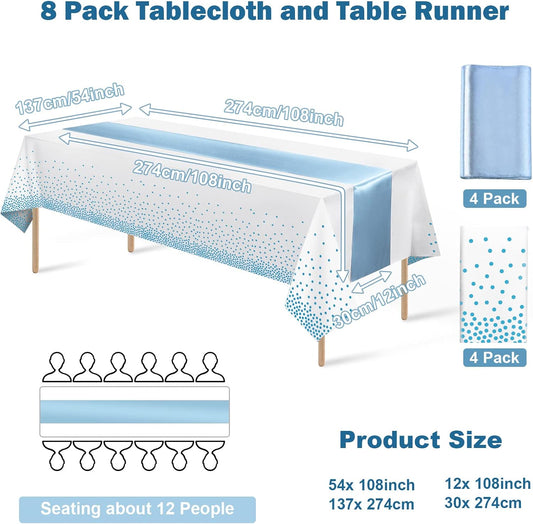 8Pack Disposable Plastic Tablecloths and Satin Table Runner Set White and Light Blue Dot Tablecloth Light Blue Satin Table Runner for Wedding Birthday Baby Shower Engagement Christmas Party Supplies