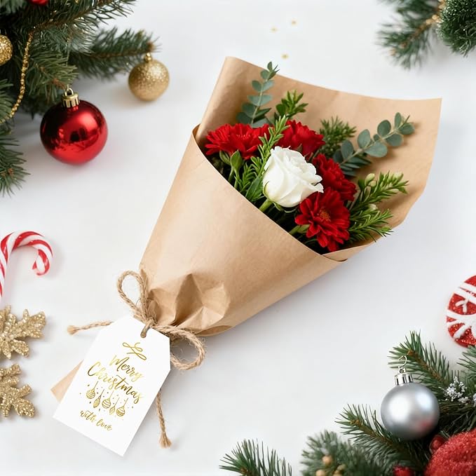 Anwyll Christmas Gift Tags with String - 50Pcs Gold and White Merry Christmas with Love Tags for Gifts Xmas Gift Tag Happy Holidays Hang Paper Label Tag for Present Wrap Goodie Bag Holiday Party Favor