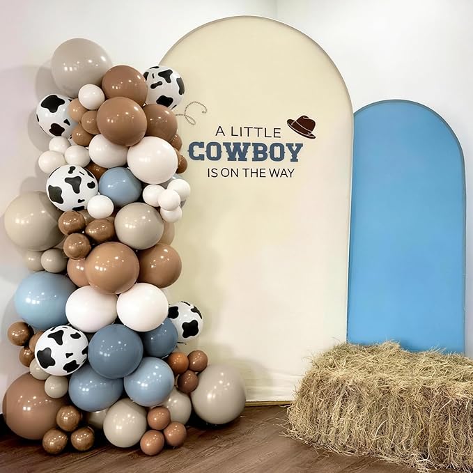 Cowboy Western Balloon Arch Kit, Dusty Blue Brown Double Stuffed Sand White Balloon Garland with Cow Print Balloons for Boys Western Cowboy Theme Birthday First Rodeo Baby Boy Shower Party Decorations