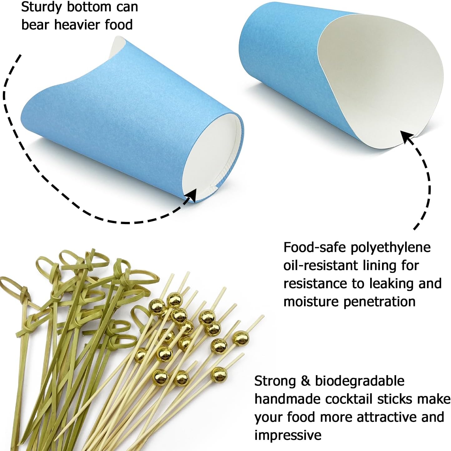 CAMKYDE 50 Charcuterie Cups + 200 Cocktail Picks + 56 Labels, 12 oz Disposable Charcuterie Cups with Sticks (2 Types), French Fry Cup Blue Paper Appetizer Cup for all Occasions (Blue)