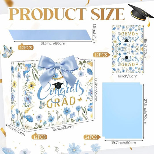 Maitys 12 Pack 13" Large 2026 Graduation Gift Bags Bulk with Handle, Tissue Paper, Card, Ribbon Blue Gold Class of 2026 Congrat Grad Wildflower Paper Wrapping Bag for College Graduation Party Supplies