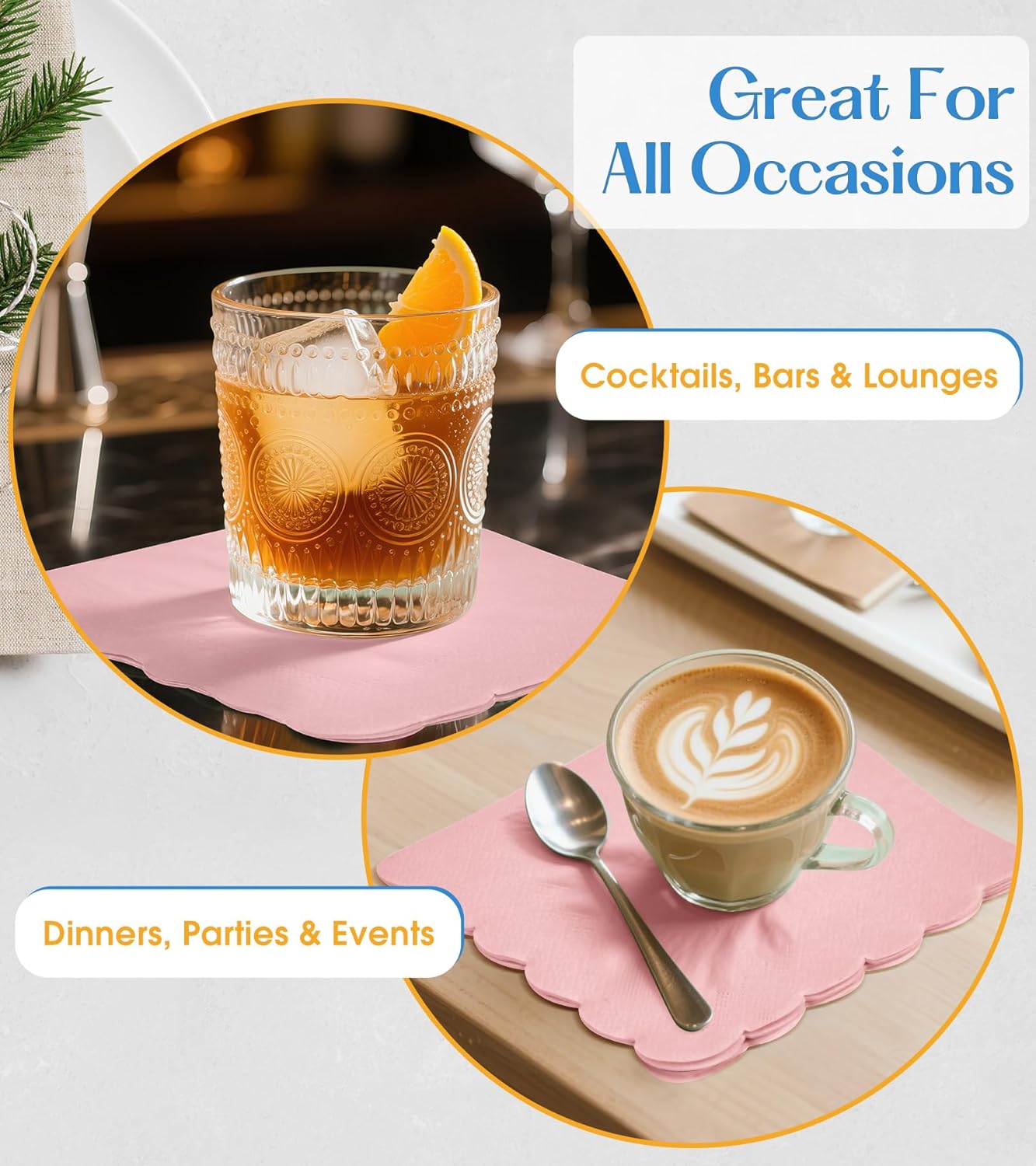 100 Pack Cocktail Napkins, 3-Ply Scalloped Edged Wedding Napkins Folded 5 x 5 Inches Dessert Napkins, Disposable Napkins for Dinner Birthday Party Bridal Anniversary Baby Shower Reception (Pink)