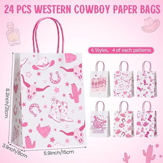 Gaillty 24 Pcs Western Cowgirl Paper Bags Let's Go Girls Boot Hat Pink Cowgirl Gift Bags Wild West Goodie Candy Treat Bag with Handles for Birthday Baby Shower Party Supplies Western Party Decor